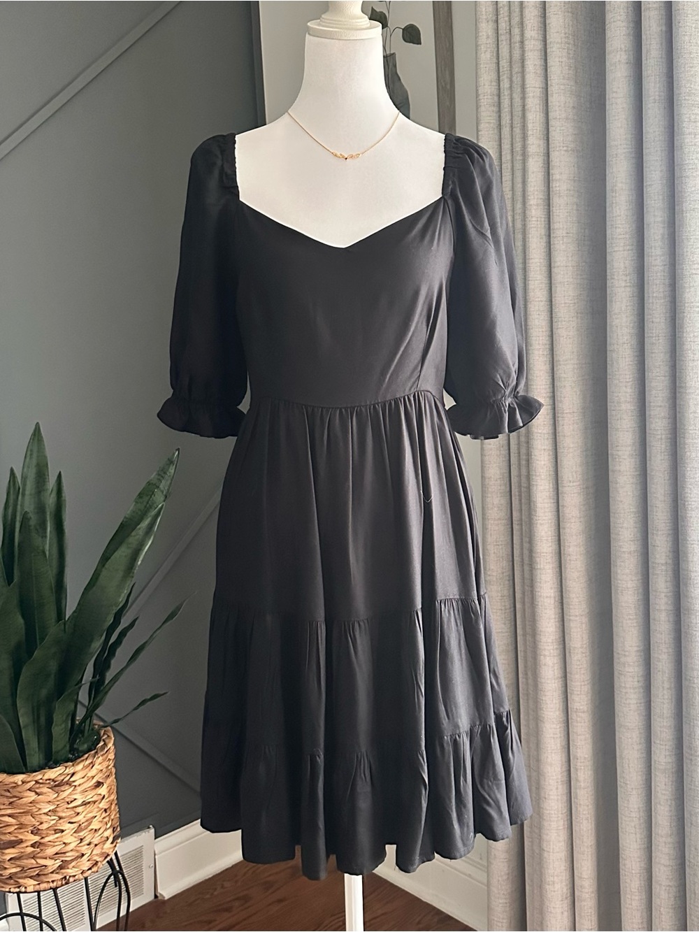 Whimsigoth Black Puff Sleeve Tiered Dress - Classic Women's Dress